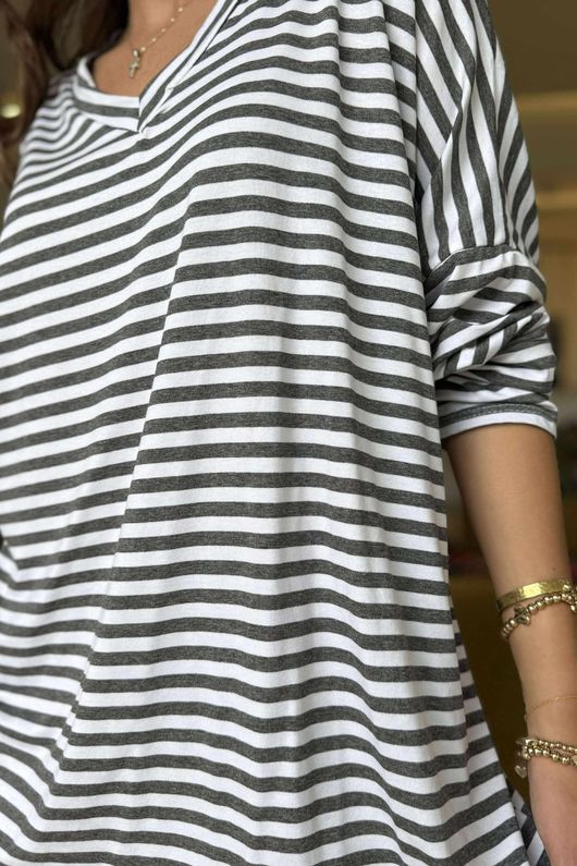 Made in Italy Perfect Breton V Long Sleeve Top Dark Grey - ** 